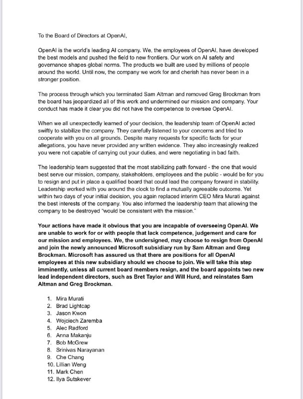 Hundreds of OpenAI employees threaten to resign and join MicrosoftIn a letter to OpenAI's board, over 500 current employees expressed their intention to resign and join Microsoft after the company hired ousted OpenAI CEO Sam Altman and former co-founder Greg Brockman to lead a new "advanced AI research team." The employees alleged that OpenAI's board jeopardized their work and undermined the company's mission. Microsoft has reportedly assured these employees that there are positions for them at the new subsidiary. Altman's hiring by Microsoft came after negotiations with OpenAI's board failed to reinstate him as CEO. OpenAI's new CEO is interim CEO Emmett Shear, while Altman and Brockman head to Microsoft. - The Verge #newsSource: 